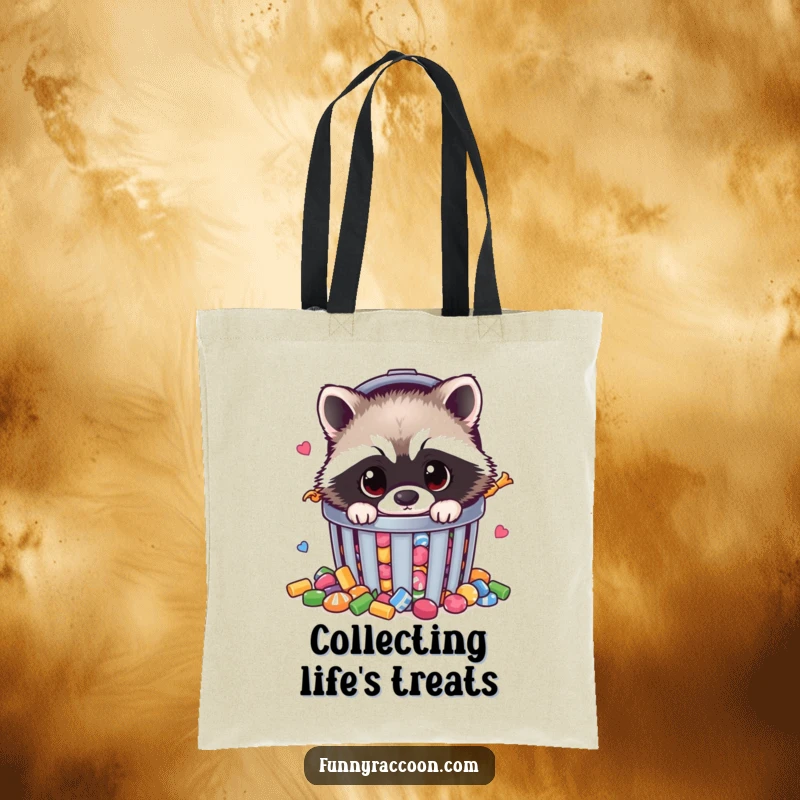 Funny raccoon tote bag showcasing a fluffy raccoon peeking from a trash can overflowing with candy, a humorous accessory.