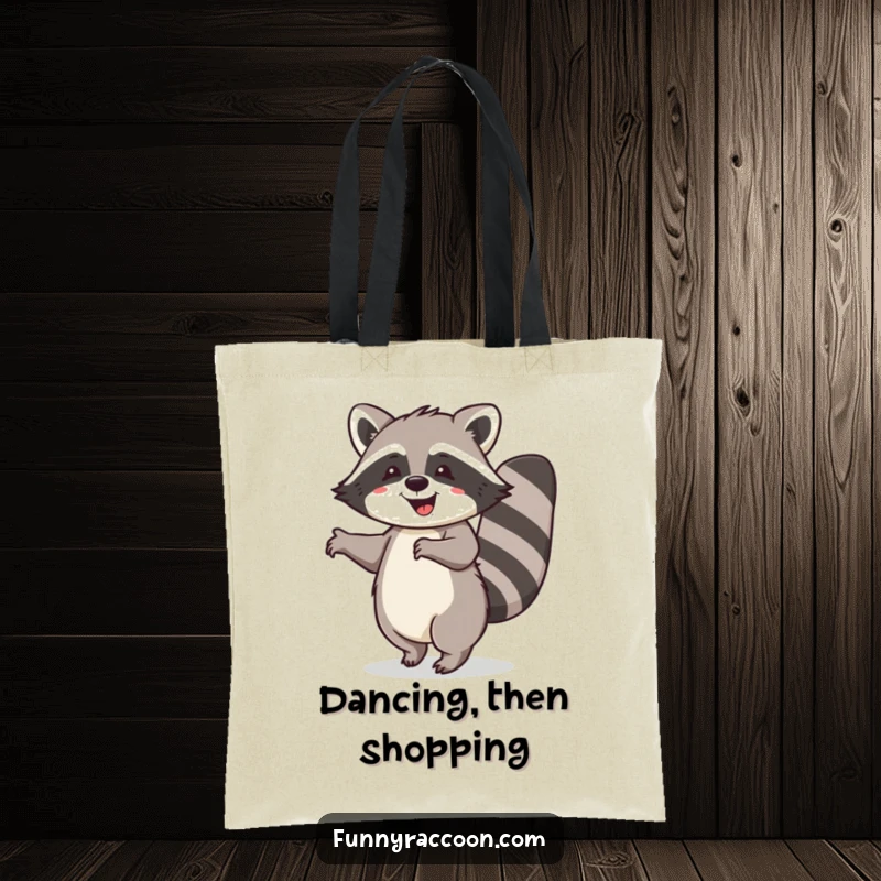 Funny raccoon tote bag, bushy tail curled, doing a joyful happy dance, practical and humorous accessory for everyday use.