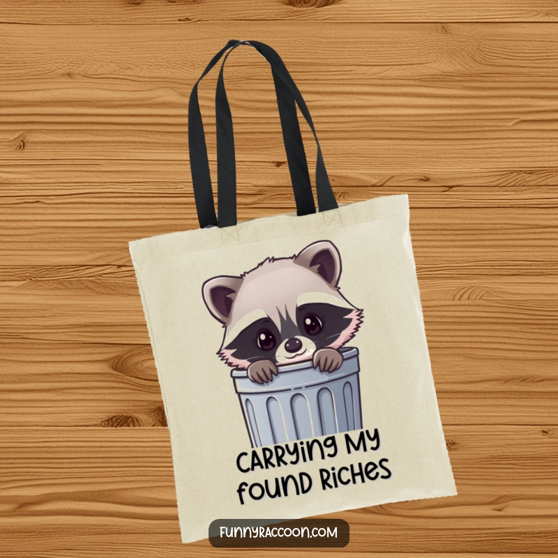 Funny kawaii raccoon tote bag, a small raccoon peeking curiously out of a trash can, ideal for everyday charm.
