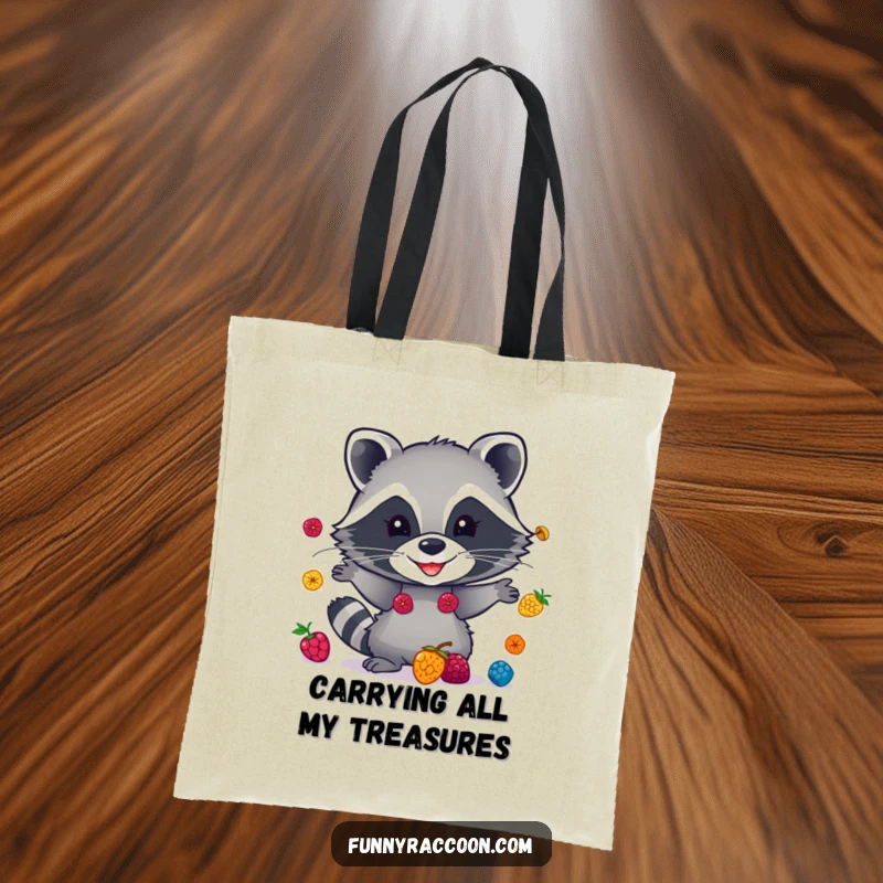 Funny raccoon tote bag, a mischievous masked face, juggling colorful berries, practical and humorous accessory for everyday use.