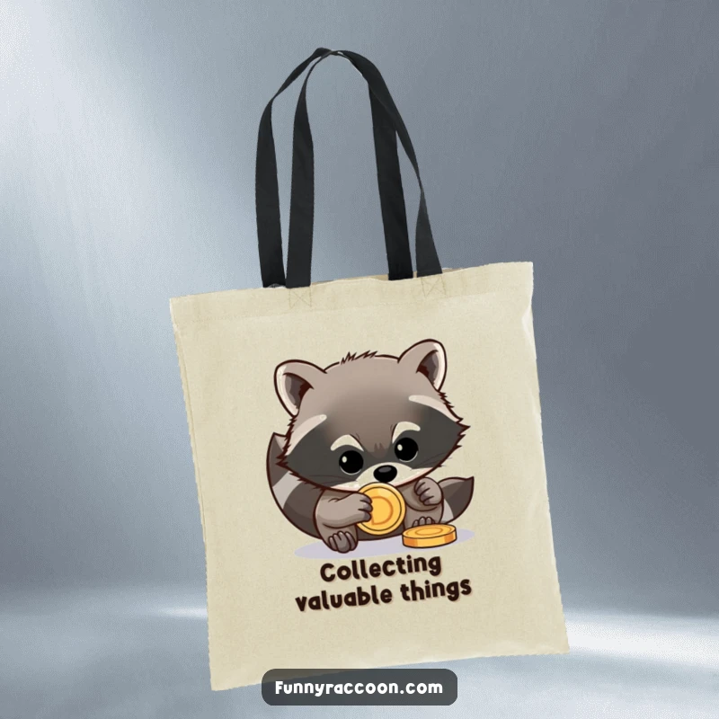 Funny raccoon tote bag showcasing a mischievous raccoon attempting to steal a shiny coin, a humorous and practical accessory.