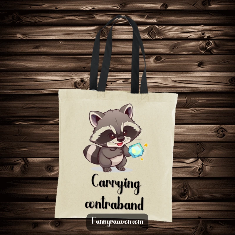 Funny Raccoon Tote Bag: A cunning raccoon grins, attempting to swipe a glittering gem, making it a humorous accessory.