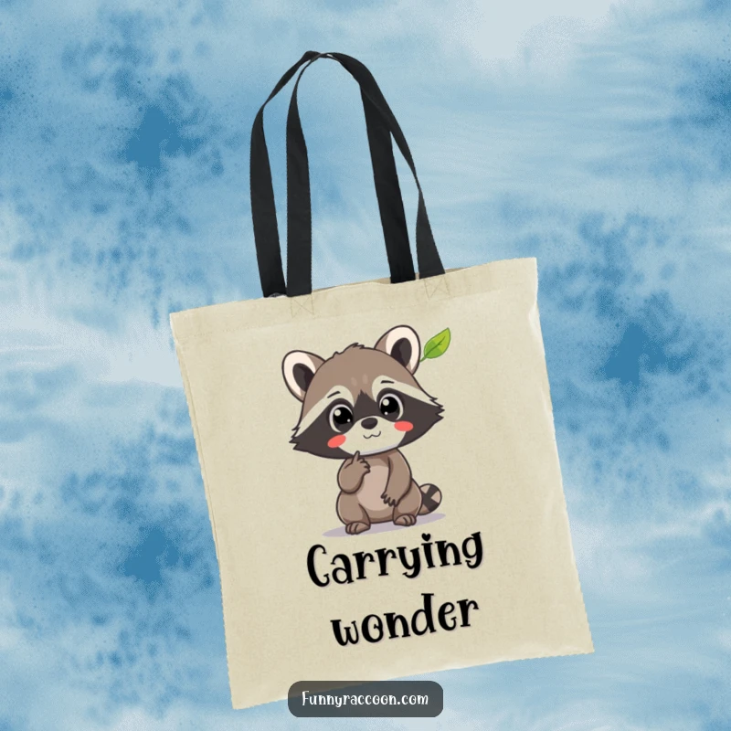 Funny Raccoon Tote Bag: A raccoon with wide eyes points at a floating leaf, depicting innocent wonder and practicality.