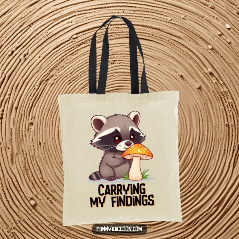Funny raccoon with a curious expression is depicted on a tote bag, examining a large, brightly colored mushroom.