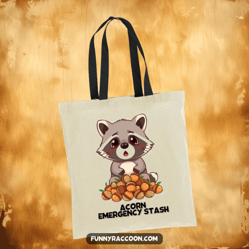 Funny raccoon tote bag, wide-eyed surprise, dropping acorns, tiny ears alert, practical and humorous accessory for daily use.