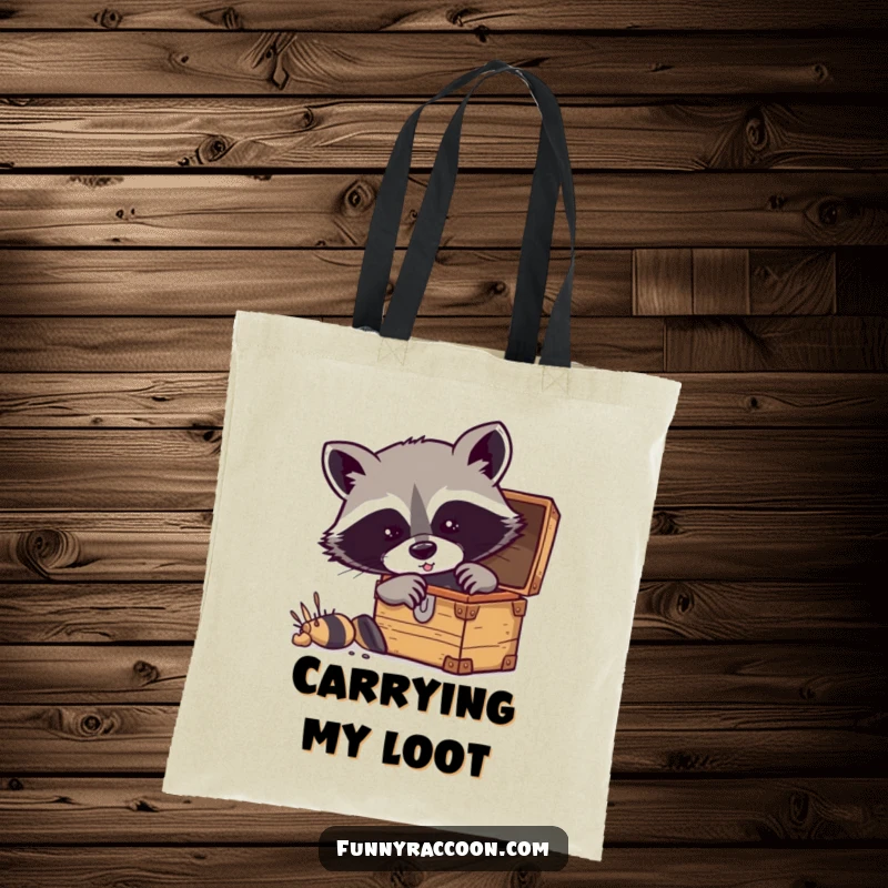 Funny raccoon tote bag featuring a masked raccoon digging excitedly into a small treasure chest.